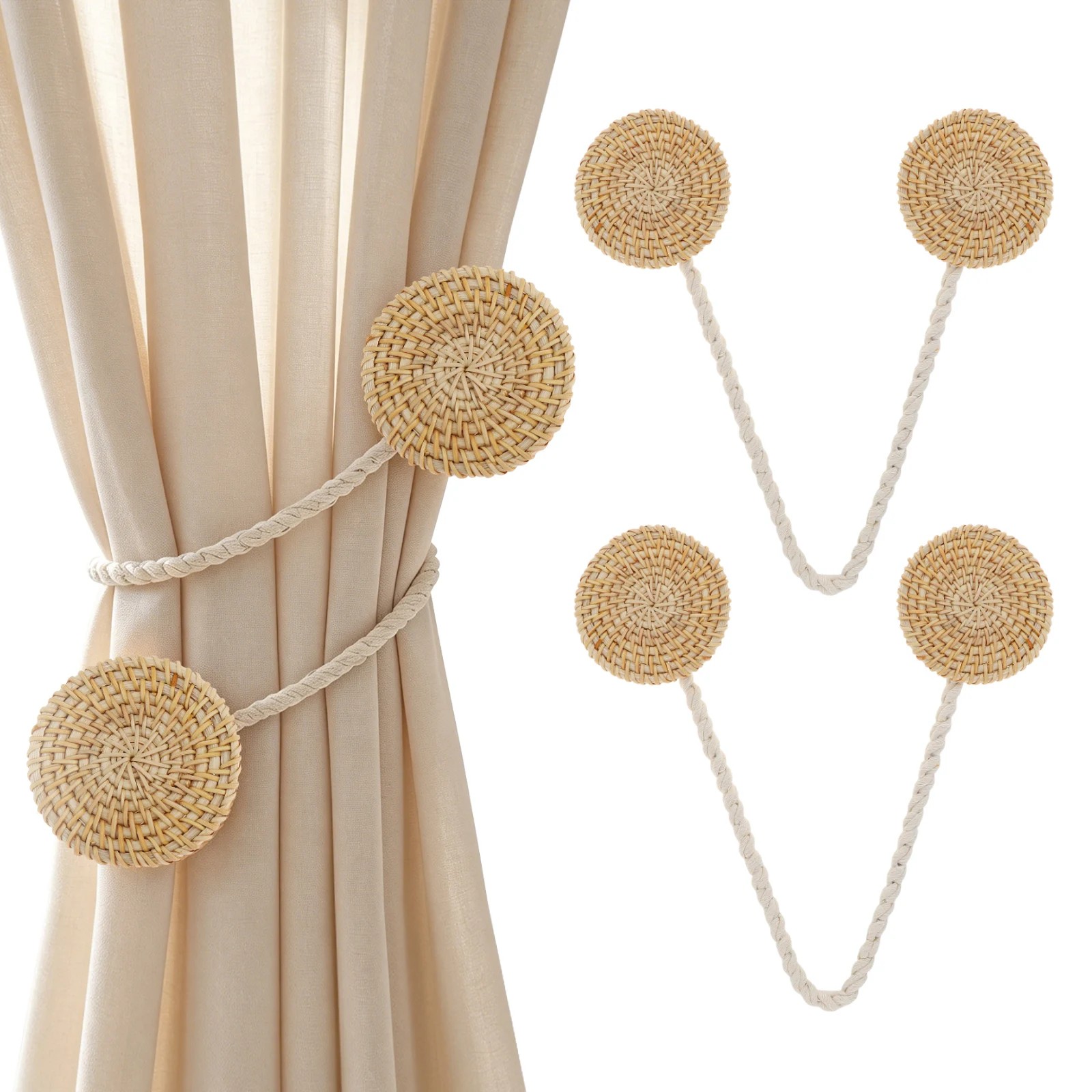 2Pcs Natural Rattan Curtain Tie Backs Holdbacks for Bedroom Living Room Decor No Drill Curtain Holder Tiebacks Strap Clip Buckle