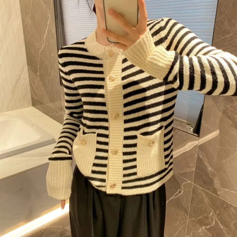 Cardigan Sweater 2023 Autumn Elegant Small Fragrant Classic Black and White Stripe Single breasted Knitted Cardigan Female Top