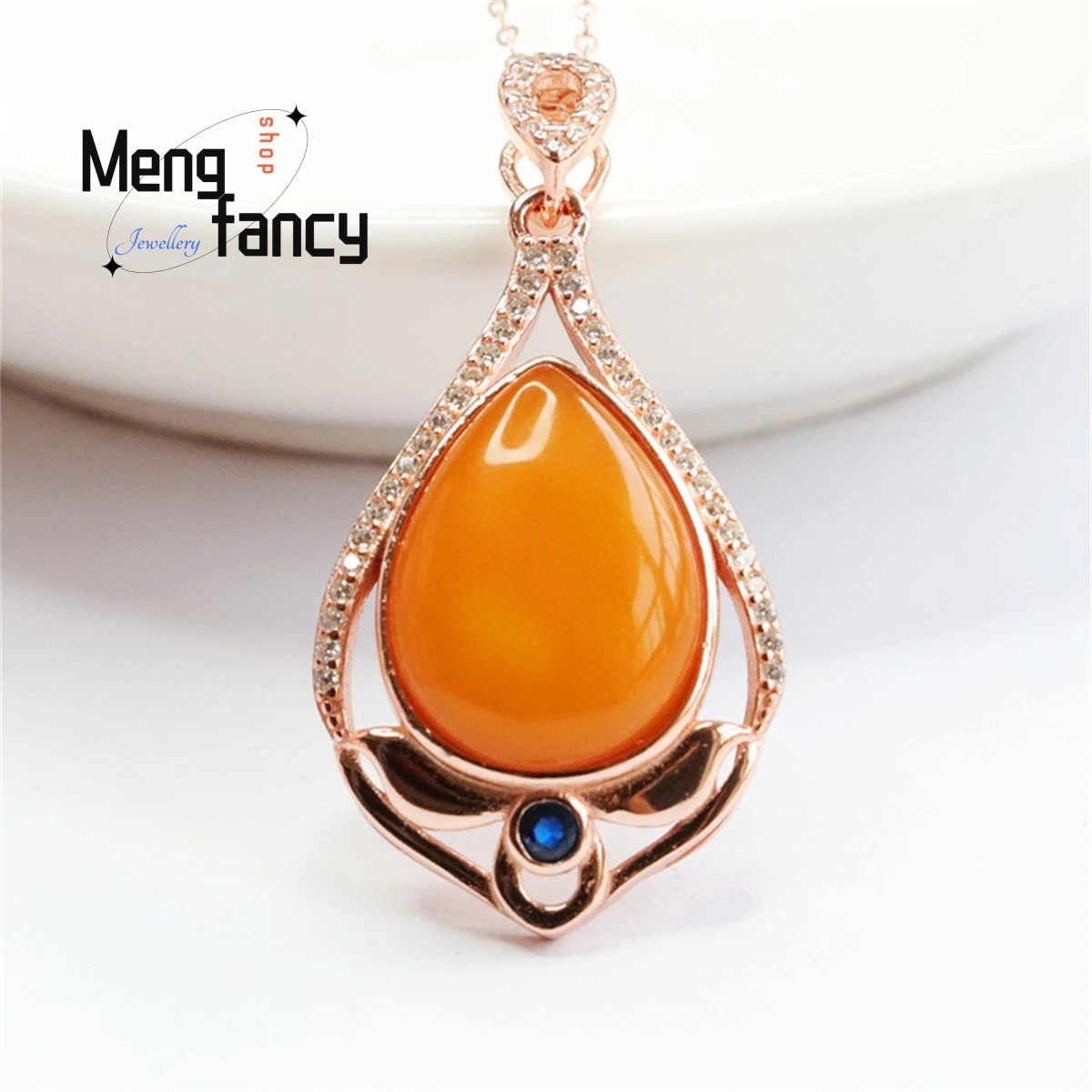 Natural S925 Silver Inlaid Honey Wax Amber Water Drop Blue Treasure Necklace Simple Personalized Retro Versatile Fashion Jewelry