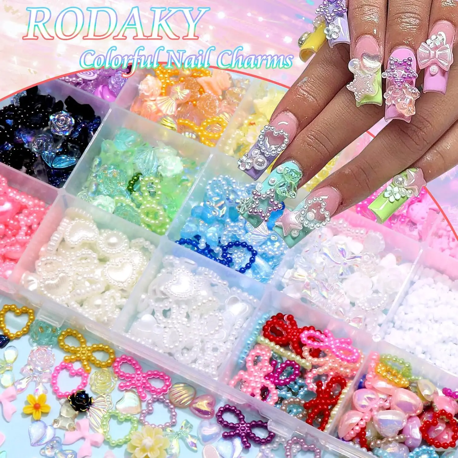24-teiliges Nagelcharms-Set AB Strass Nagelperlen 3D Blumen Nageljuwelen Mehrformige Nagelkunst-Dekorationen für DIY Salon – Detail 3