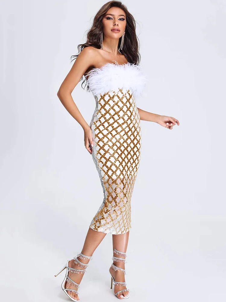 

Szkzk Gold Silver Plaid Sequin Feather Party Prom Long Slit Corset Dress Sleeveless Off Shoulder Night Club Sexy Bodycon Dresses