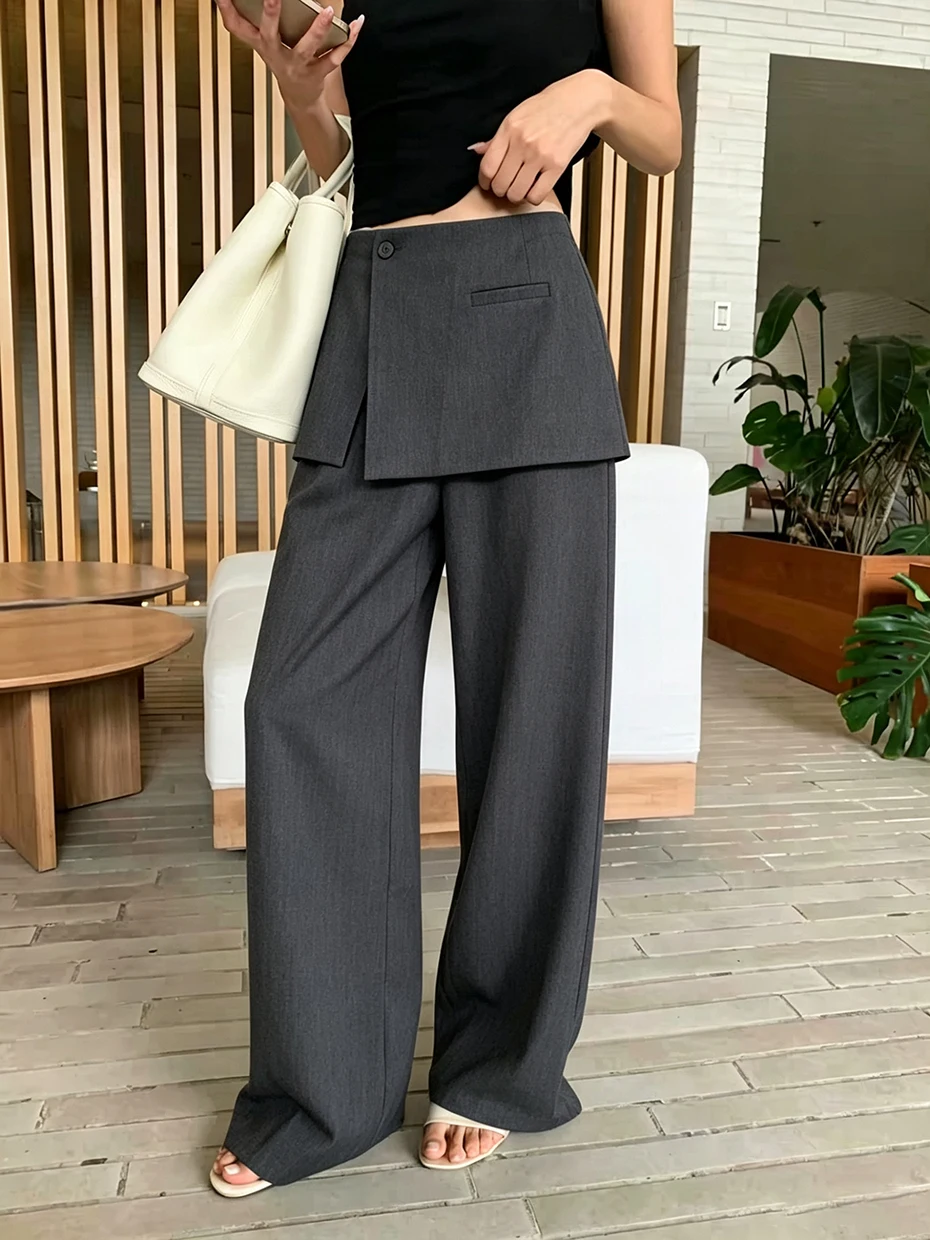 Korean Style High Waist Wide Leg Pants Women's Spring Summer Slimming Trousers with Slit And Patchwork Design Casual Pants