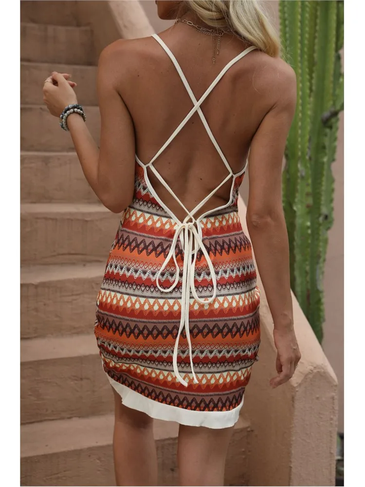 Zomer Boho Print Jurk Voor Vrouwen Mode Sexy Slanke Spaghetti Backless Mini Jurken Lady Casual Vakantie Strand Y2k Kleding