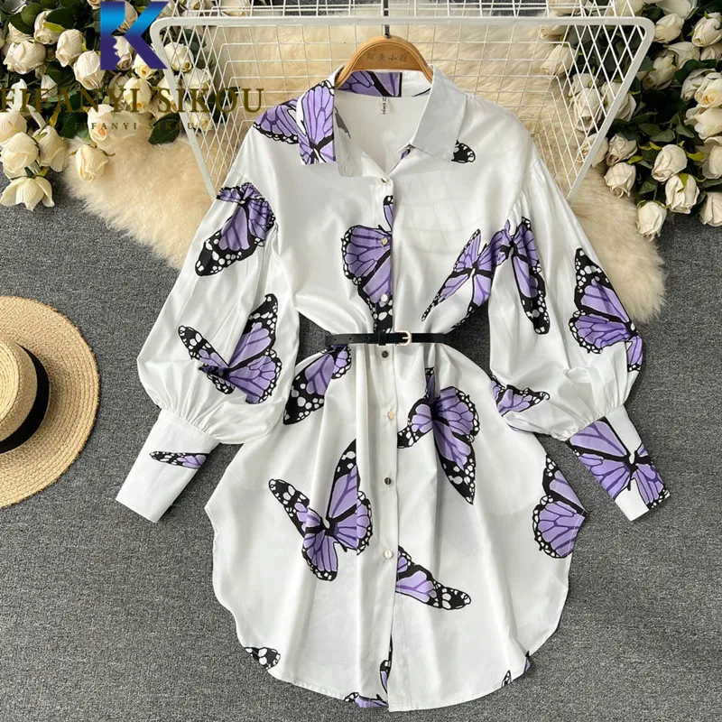 

Womens Tops And Blouses Spring Casual Fashion Print Shirt Coat Belt Single Breasted Lapel Long Sleeve Loose Long Shirts Women