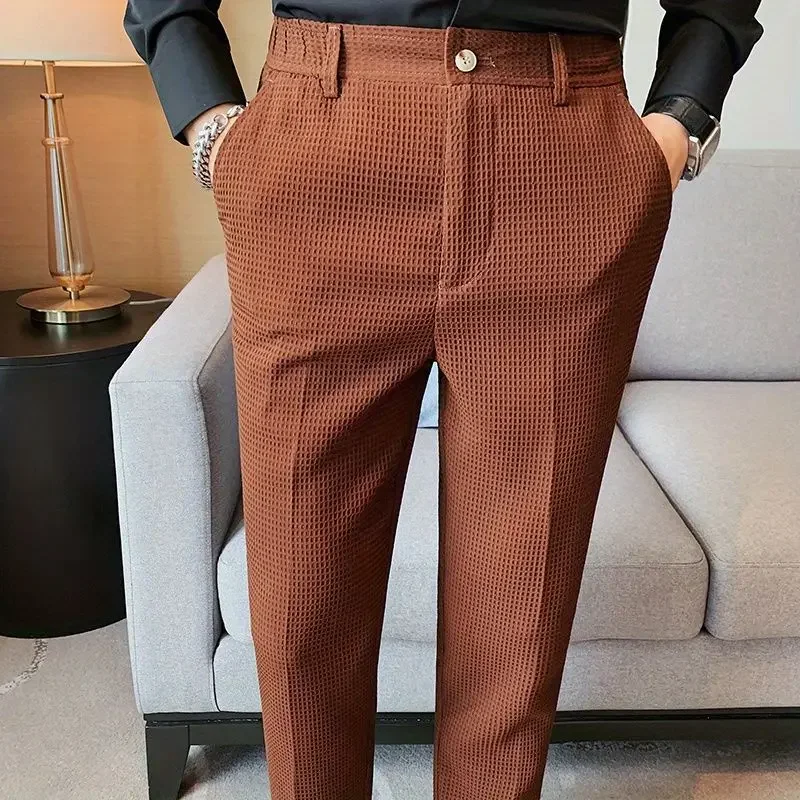 

New men's summer golf pants, men's solid color waffle pocket zipper suit pants, fashionable slim fit quick drying golf pants