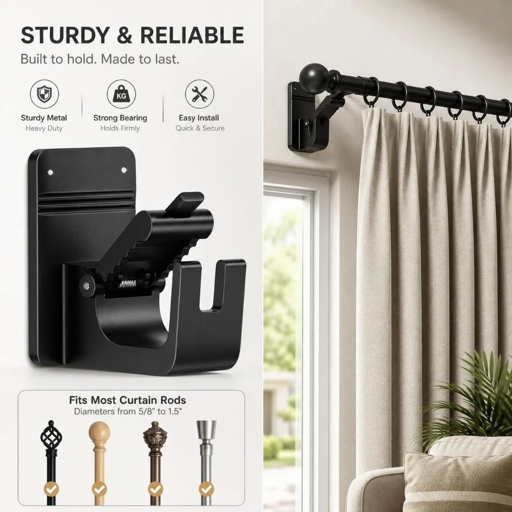 Durable No Drill Curtain Rod Bracket Wall Mount Black Curtain Rod Holder Plastic Curtain Fixed Clip Home