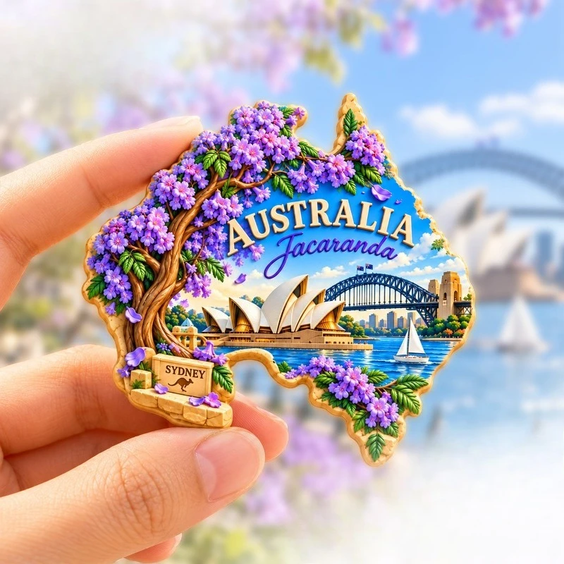 Sydney Jacaranda Map Fridge Magnet - Purple 3D Australian Souvenir Unique City Gift for Travel & Floral Decor