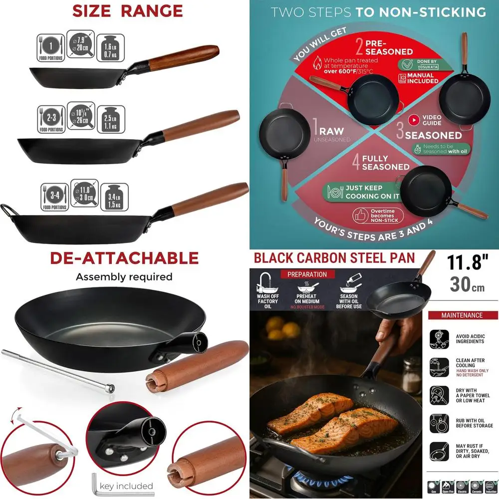 

11.8" Carbon Steel rying Pan – Non-Toxic Pre-Seasoned Skillet with Removable Wooden Handle – Coating-ree Wok-Style Pan or Gas, I