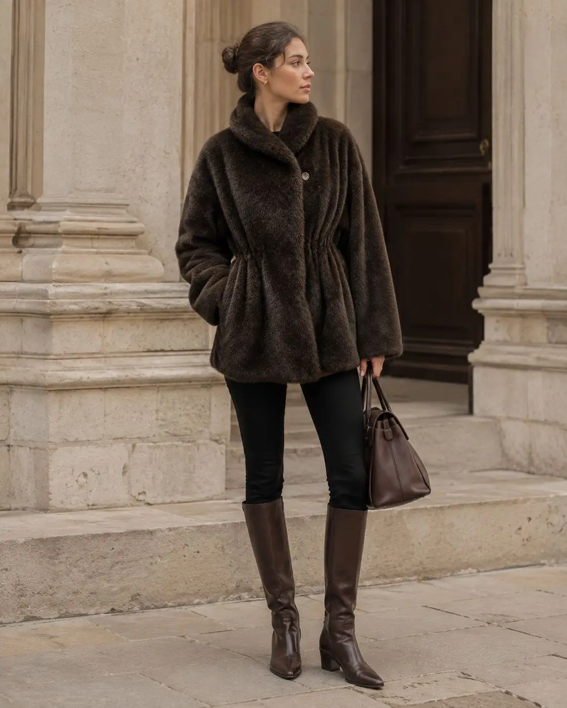 Women Faux Mink Fur Coats Solid Fur Jackets Cotton Linen Turn Down Collar Long Sleeves Single Breasted Cinched Waist 2026 Winter