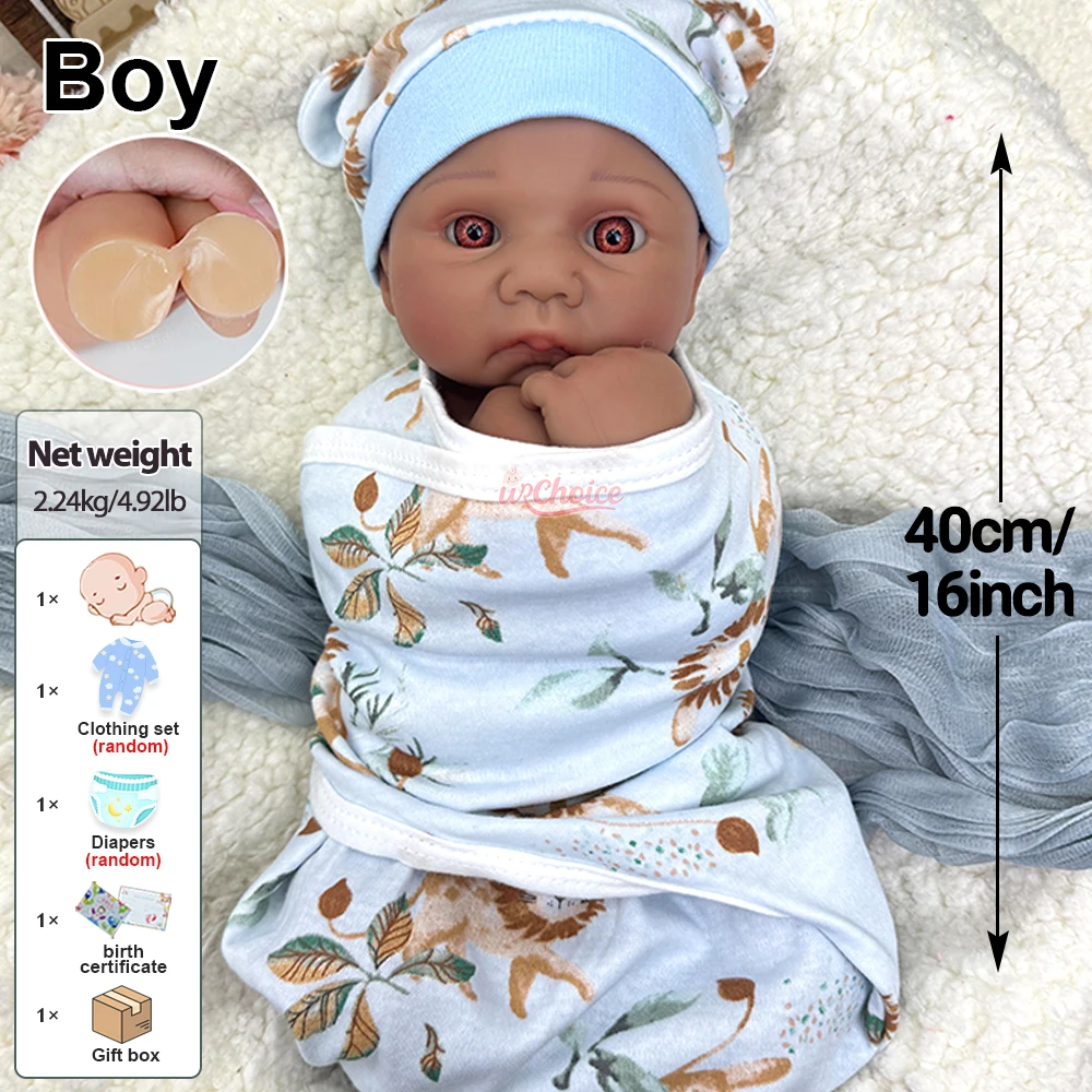 Lifelike 40cm Full Body Soft Silicone Reborn Baby Boy Dark Skin Realistic Visible Veins Newborn Dolls Collectibles Kids Toy