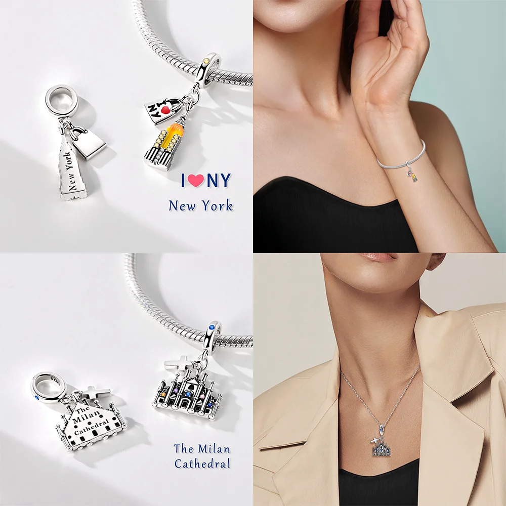 New Charms 925 Silver Pink House Key Eiffel Tower Milan Cathedral Beads Pendants Fit Diy Original Bracelet Women Jewelry Gifts