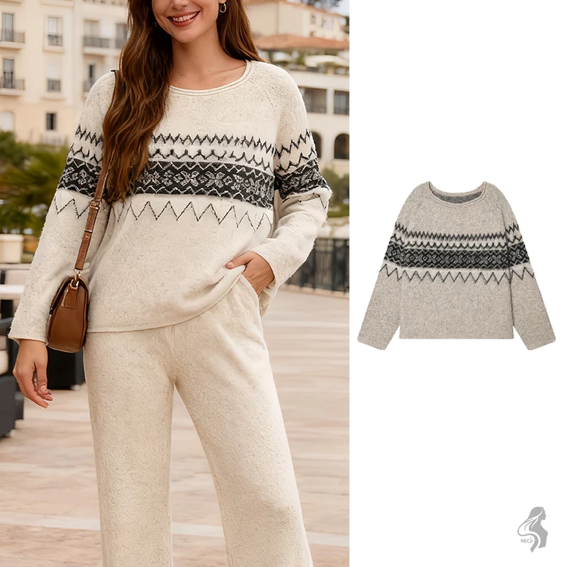 

Womens Fashion Fade Effect Jacquard Knit Sweater Crew Neck Long Sleeve Womens Knit Pullover Autumn Everyday Fashion Outfit