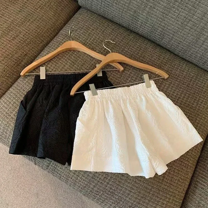 ブラックホワイトジャカードショーツ レディース 2025 夏 ウエストゴム ハイウエスト ポケット ワイドレッグショーツ ストリートウェア ハーフパンツ