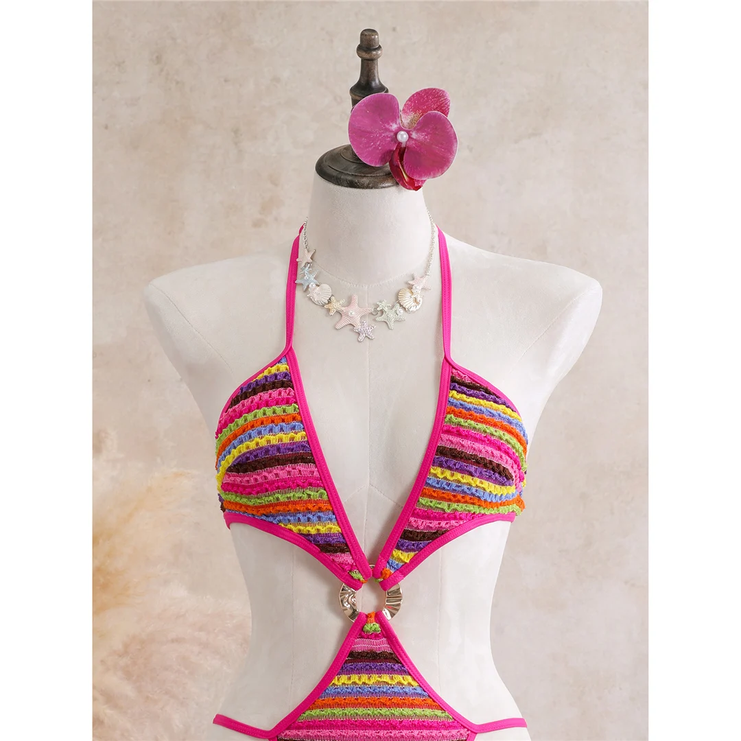 Mit Rock, gestreiftem Halterneck, V-Ausschnitt, Damen-Badeanzug, einteiliger Badeanzug, Damen-Monokini, hoher Beinausschnitt, Badebekleidung, Badeanzug, V8345. – Detail 17