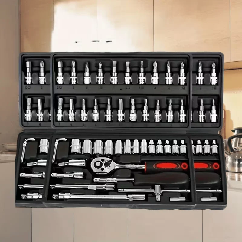 Set di 46 chiavi a cricchetto, metriche, con prolunga, adatte per uso automobilistico, riparazione di biciclette e lavori domestici, struttura placcata, preassemblate, manuali, complete di scatola per