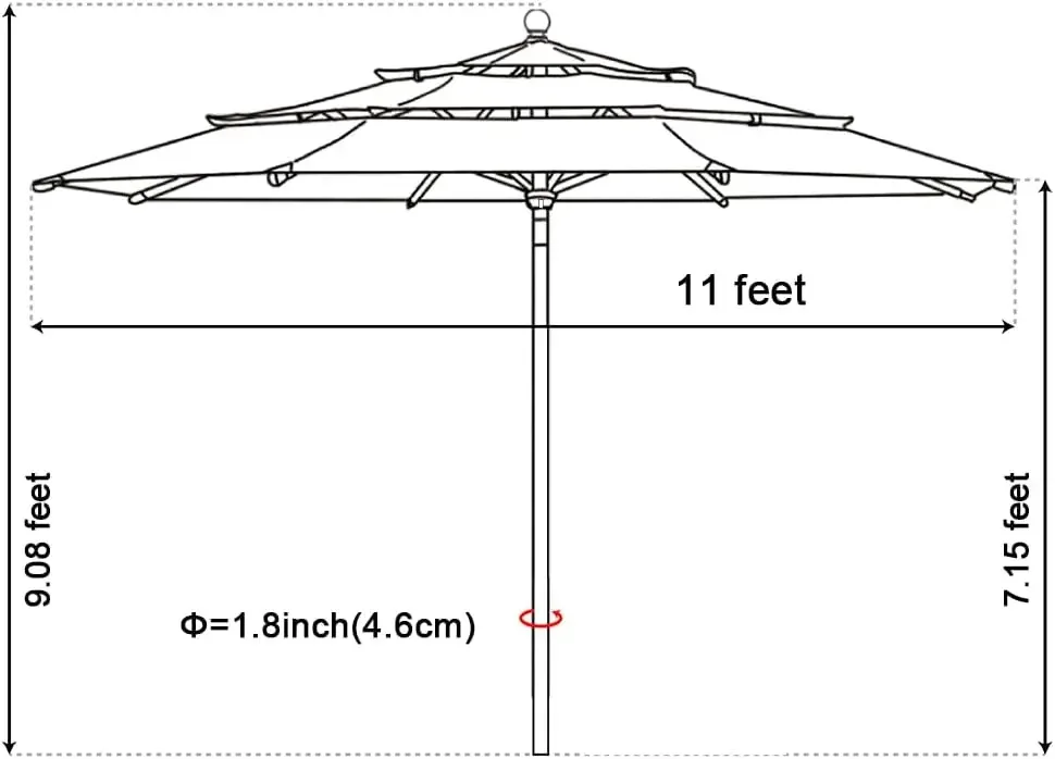 10-Year-Non-Fading 11Ft 3 Tiers Market Umbrella Patio Outdoor Cylinder Auto Push-up Table Umbrella with Ventilation, Rust