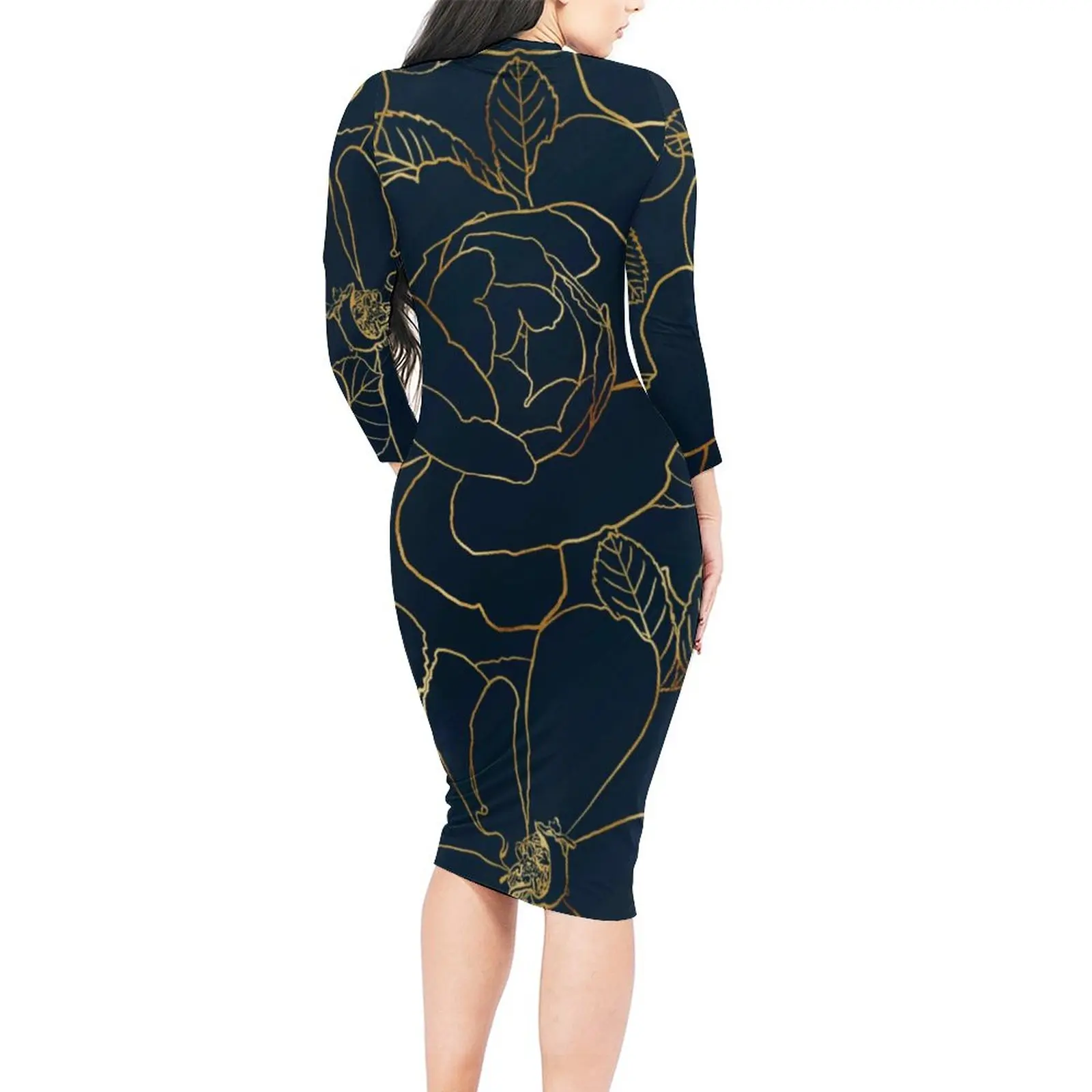 Elegancka sukienka bodycon złote róże Kobieta Kwiatowy nadruk Nowoczesne sukienki Wiosna Długi rękaw Street Wear Sukienka graficzna Duży rozmiar 6XL