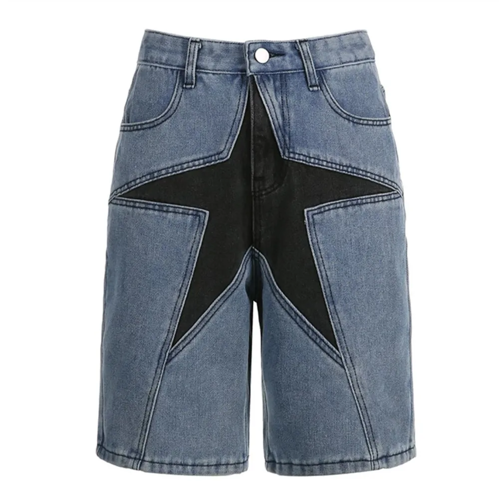 Harajuku Vintage Star Pattern Denim Shorts Women Oversized Street Costume Rock Gothic Bermuda Casual Sports Shorts