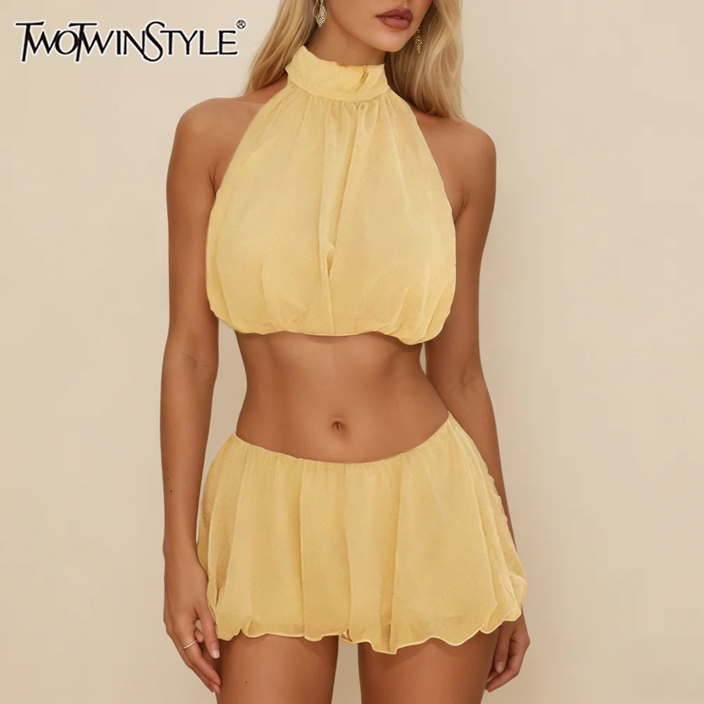 TWOTWINSTYLE Yellow Spliced Folds Two Piece Set Female Halter Sleeveless Top Beach Sexy Women's Skirt Sets Summer Fashion New