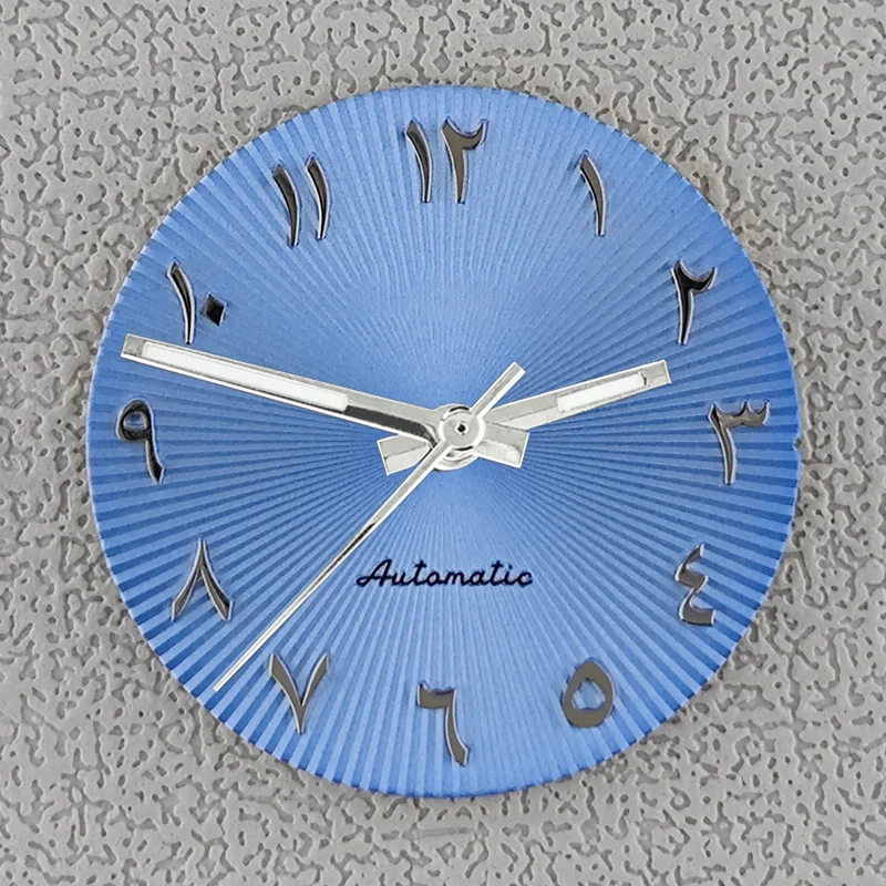 28,5 mm Zifferblatt mit Zeigern, arabischen Ziffern, radiale Textur, passend für NH35 NH36 Zifferblätter, Automatikwerk