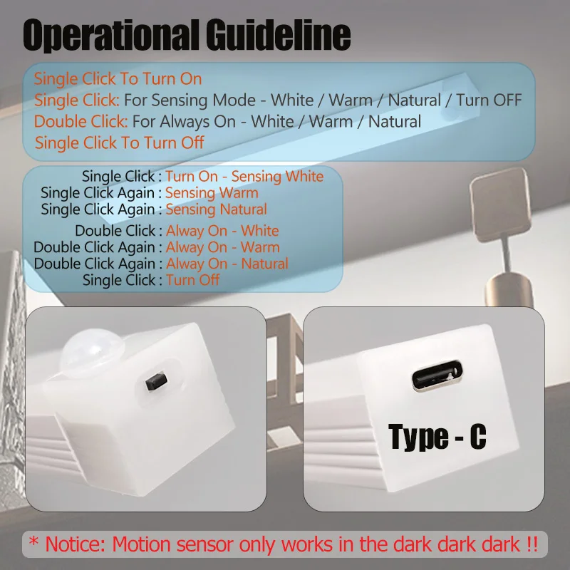 Motion Sensor Light 50/30cm LED Light Bar USB Rechargeable Lamp Night Light Dimmable Type C Lamp for Closet Cabinet Wardrobe