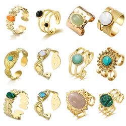 Stainless Steel Green Stone Crystal Natural Turquoise Opening Ring Statement Golden 18 K Plated Bohemia Aquamarine Jewelry