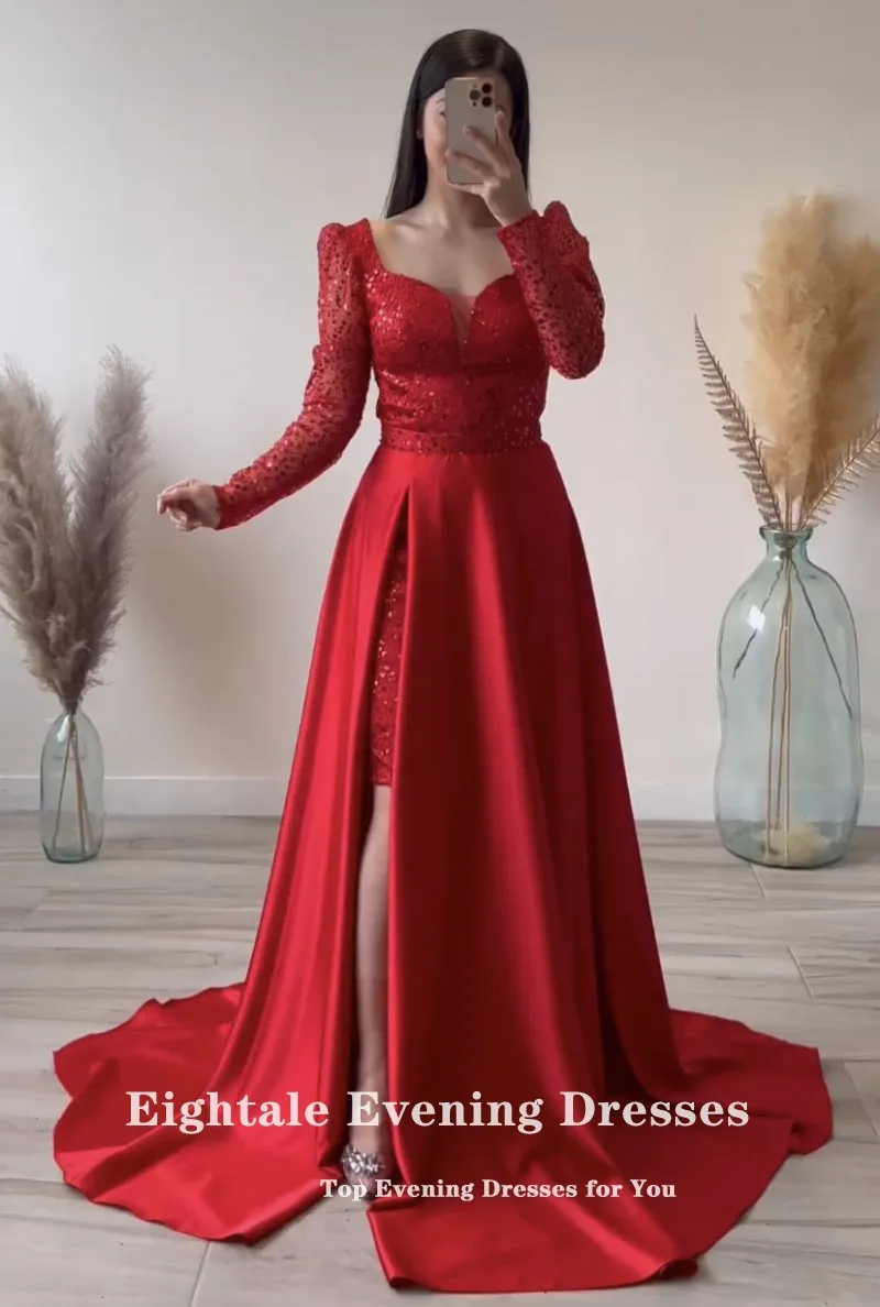 Eightale Luxury Prom Dresses Long Sleeves Sparkly Beaded Satin Red Evening Party Gowns Celebrity Satin abendkleid damen
