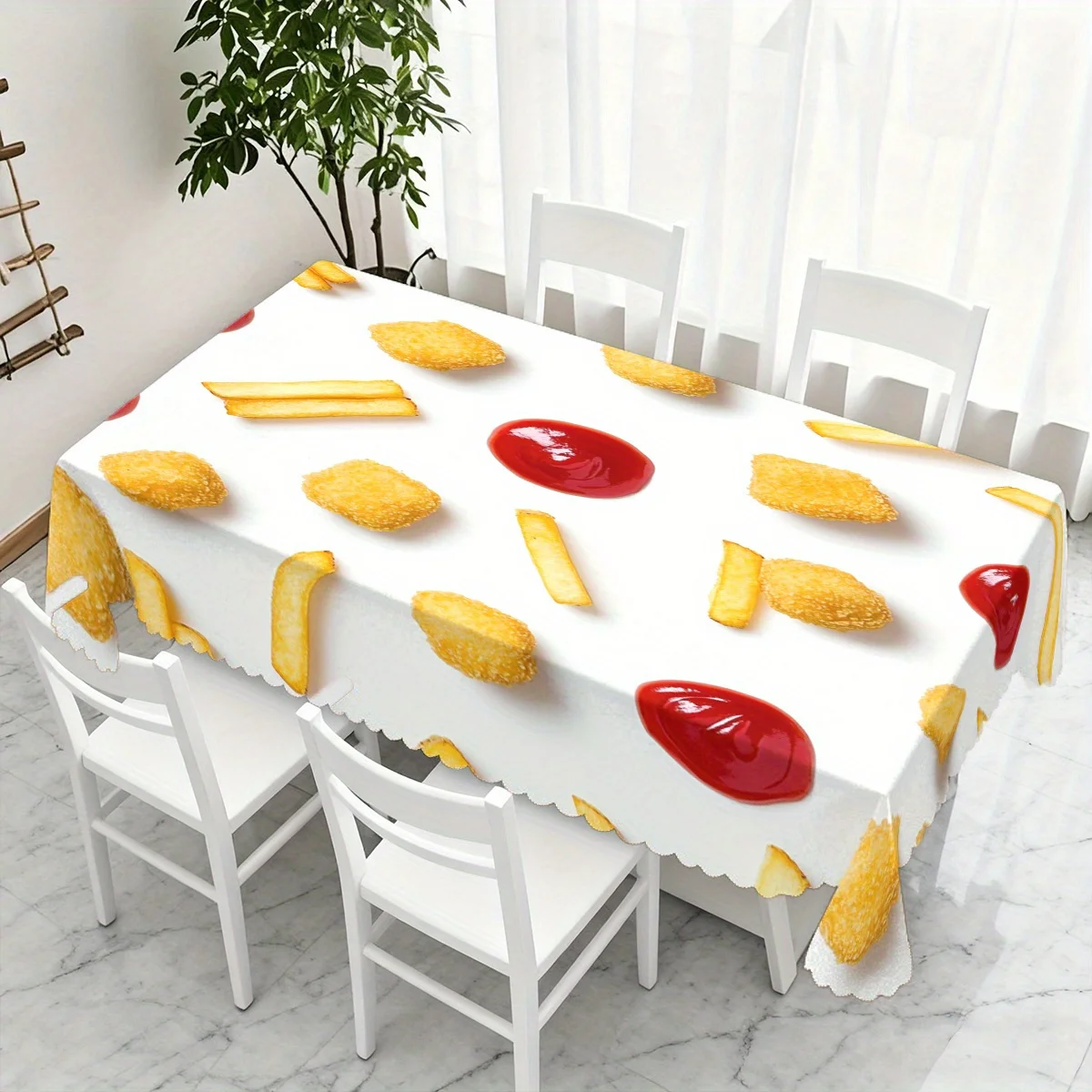 Funny Food Tablecloth, Nuggets Fries Ketchup Pattern Cover, Waterproof Table Cloth for Dining Table, Party Home Decoration