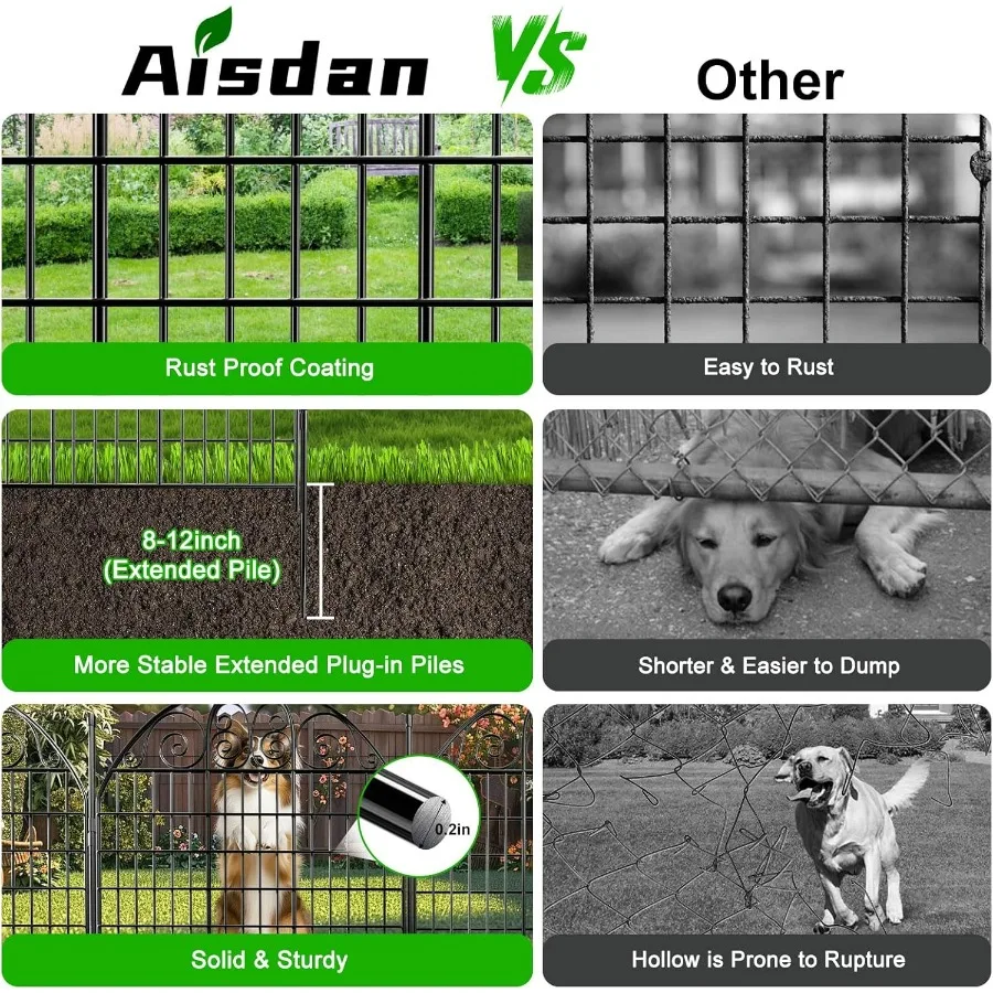 10 لوحات سياج حديقة مع بوابة لساحة 32 بوصة ارتفاع × 24 قدم (طول) لا حفر الكلاب سياج مزخرف حاجز الحيوانات الخارجية سياج Rustpro