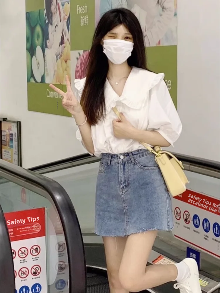 Blanc ort Sve col de poupée irt avec bois ain pour les femmes été Faionable coréen Sle coupe ample bouton détail