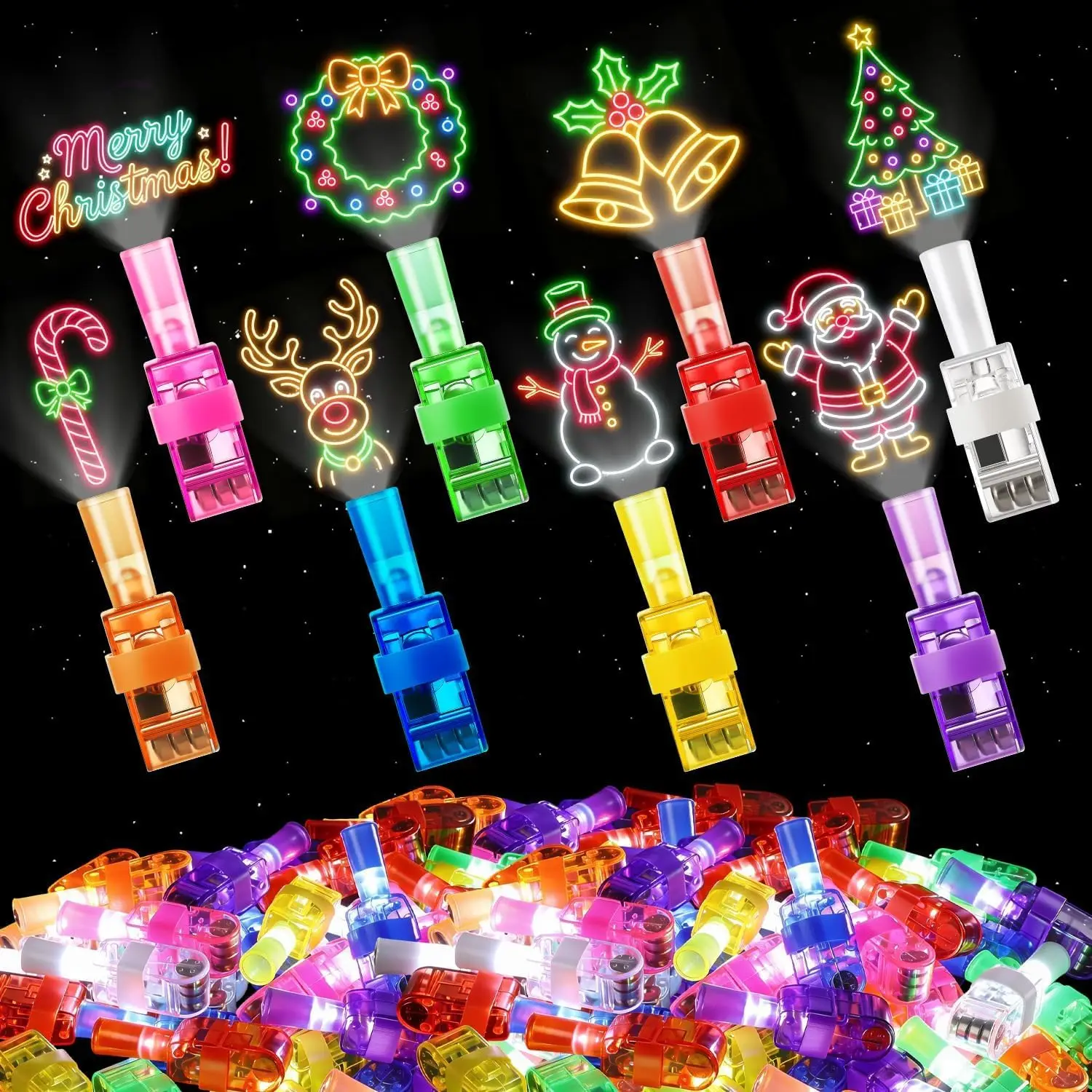50/100pc Christmas Finger Lights LED Finger Projection Lights Colorful Light‑Up Finger Rings Xmas Party Prize Stocking Stuffer