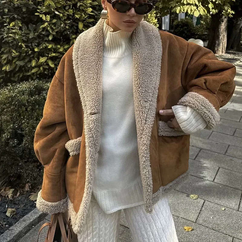 

winter warm fur coat women thicken loose turn down collar Lambswool women's jacket vintage outwear winter coat 2024