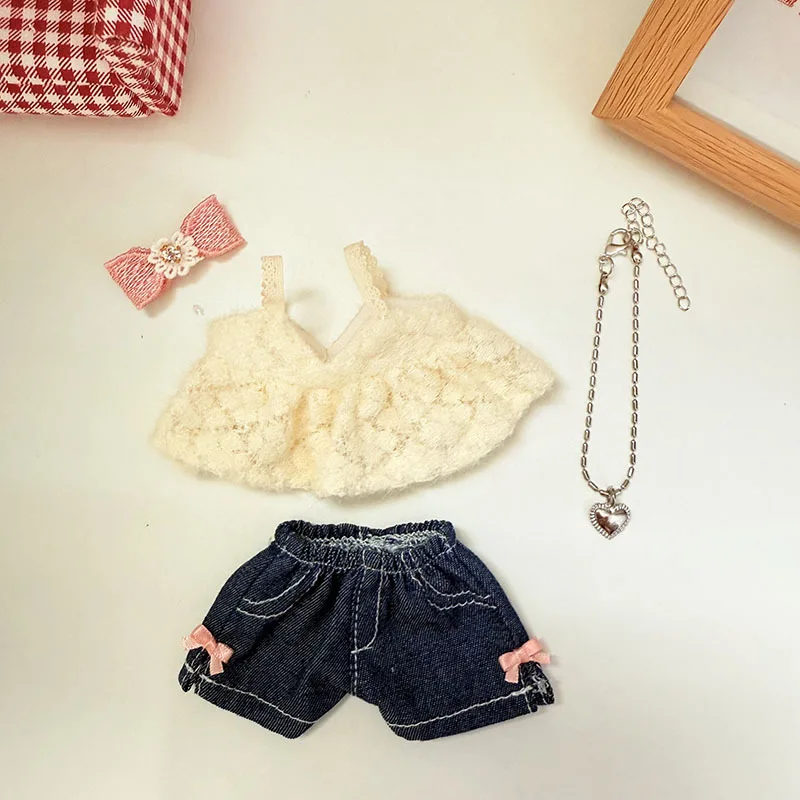 

17cm Labubu 1-3 Gen Doll Outfits | Trendy Bow-adorned Denim Set | Clothes for Labubu Accessories