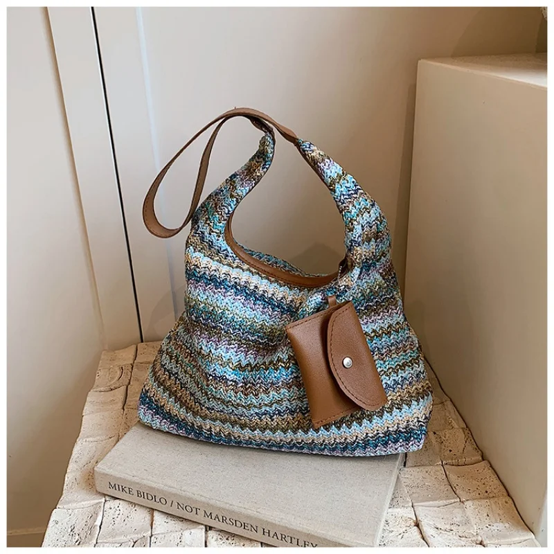 

Leisure Large Capacity PU Woven Bag Women's Shoulder Bags Casual Straw Wicker Woven Ladies Handmade Beach Tote Messenger Bag