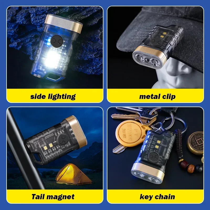 Pocket Emergency Light Mini LED Flashlight Waterproof Work Light Rechargeable Keychain Light 395nm UV Light Keychain Flashlight