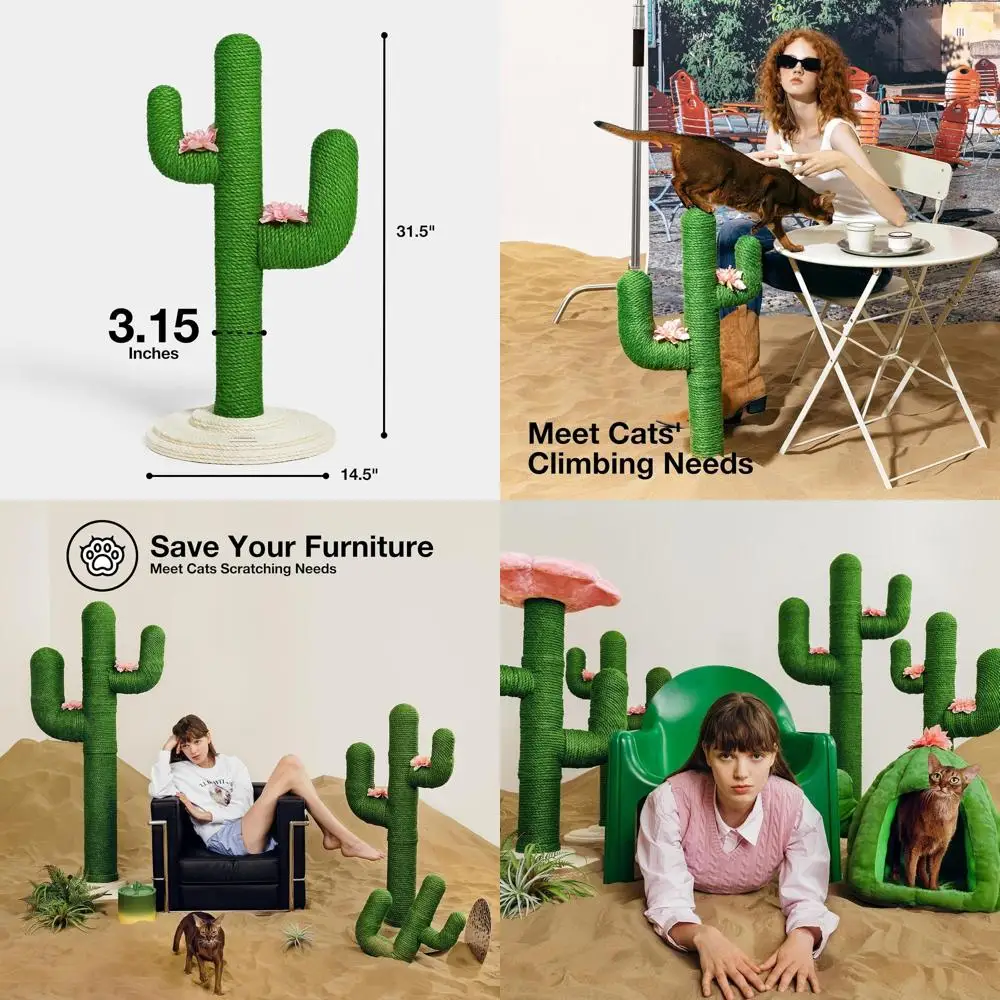 

Indoor Cactus-Shaped Cat Scratching Post, 31.5 Tall Green Vertical Jute Rope Post, Protects Furniture