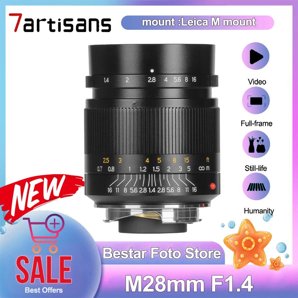 7Artisans M 28mm F1.4 Full Frame Prime Lens Professional Micro Still-life Photography Lens for Leica M Cameras