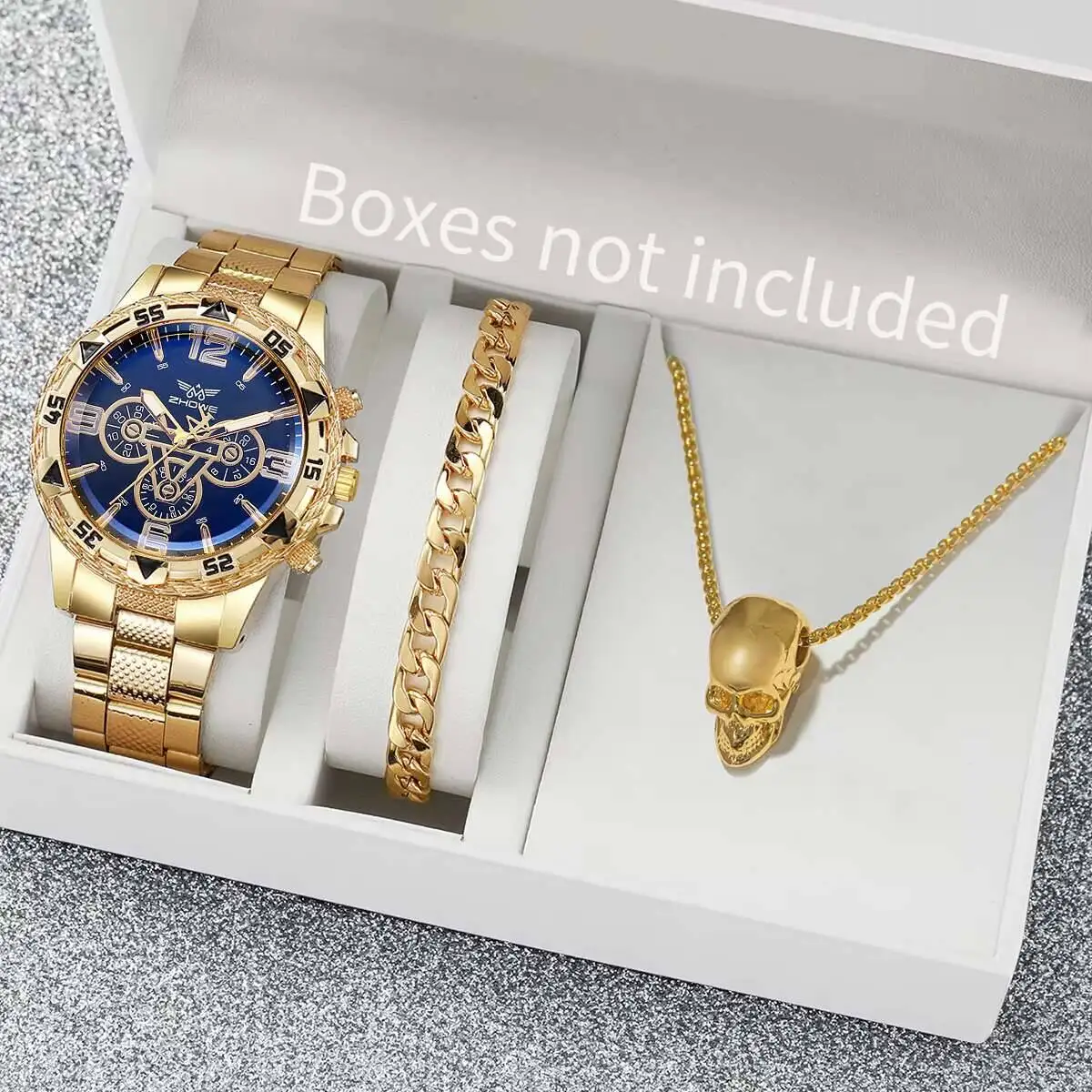 男性用ステンレススチールクォーツ時計,ラージダイヤル,ビジネスジュエリーセット,ボックスなし,ファッション,3個