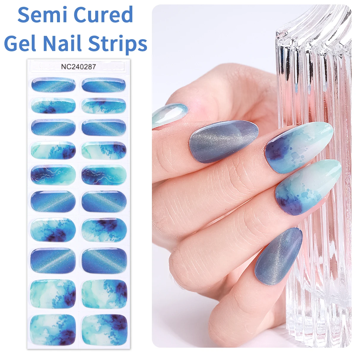 20Tips Gradient French Semi Cured Nail Gel Strips Glitter Cat Eye Gel Nail Stickers for Women Adhesive Full Cover DIY Manicure