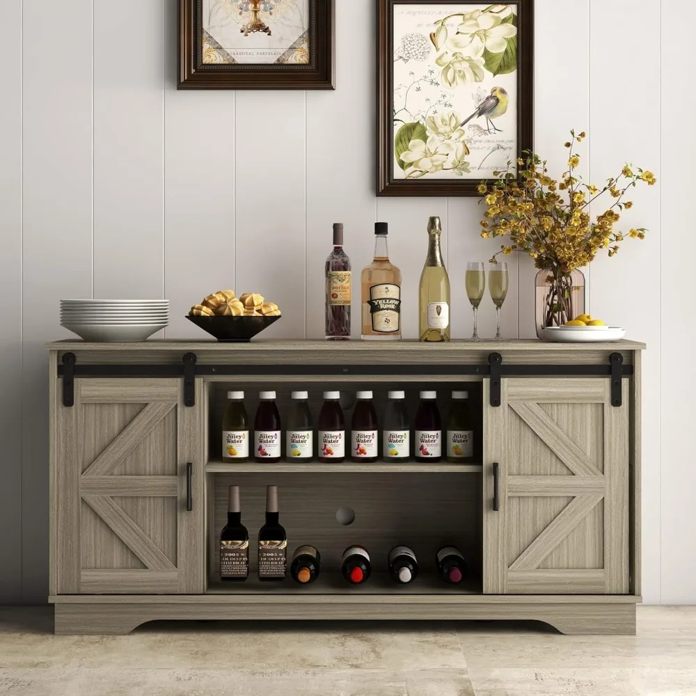 خزانة بار بانانا مع بابين منزلقين للحظيرة، خزانة تخزين للمزرعة، حامل تلفزيون (خشب طبيعي)