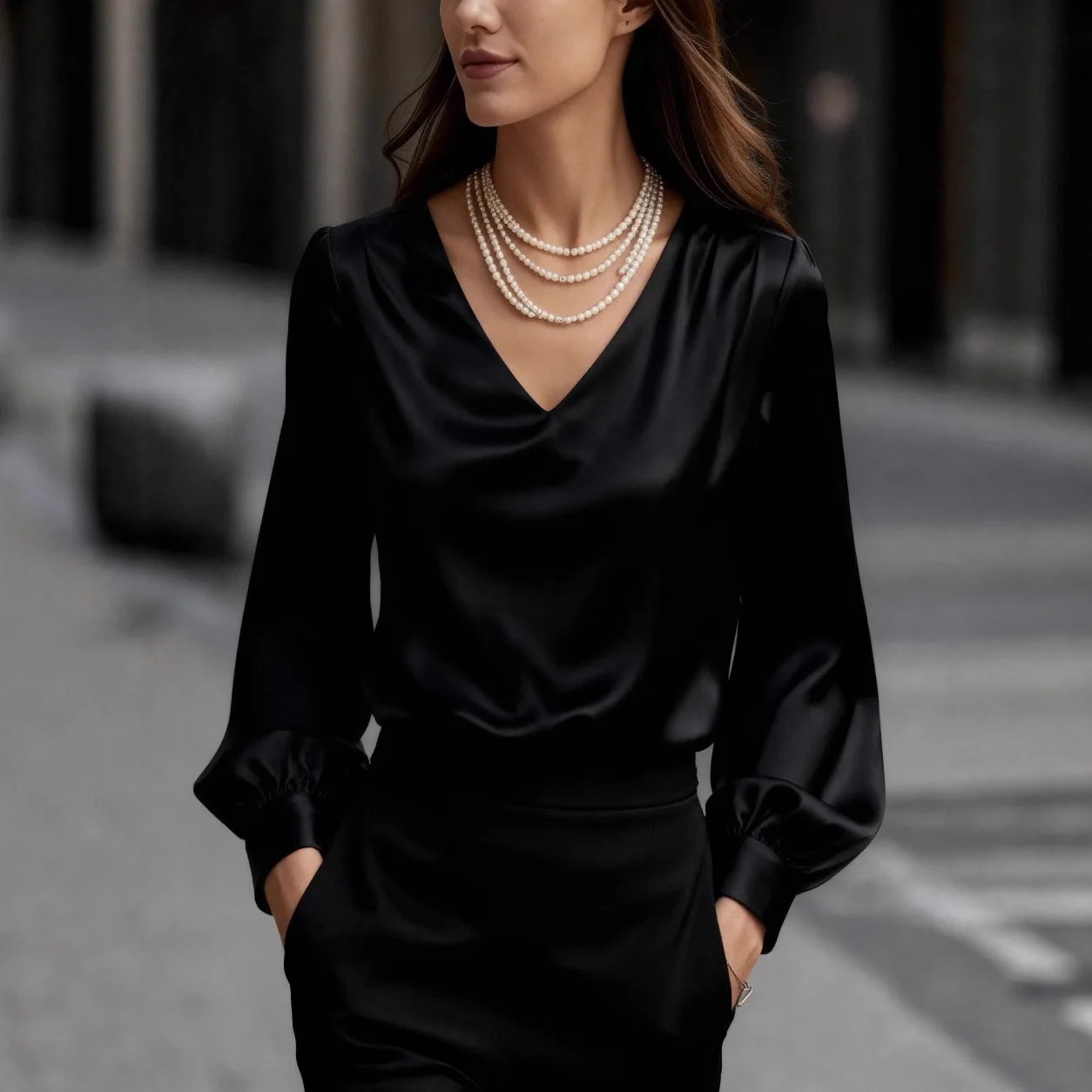 2025 ربيع الخريف أنيقة لون نقي كم طويل قميص أنيق عصري الخامس الرقبة بلوزة المرأة تخفيف نمط مكتب سيدة القمم