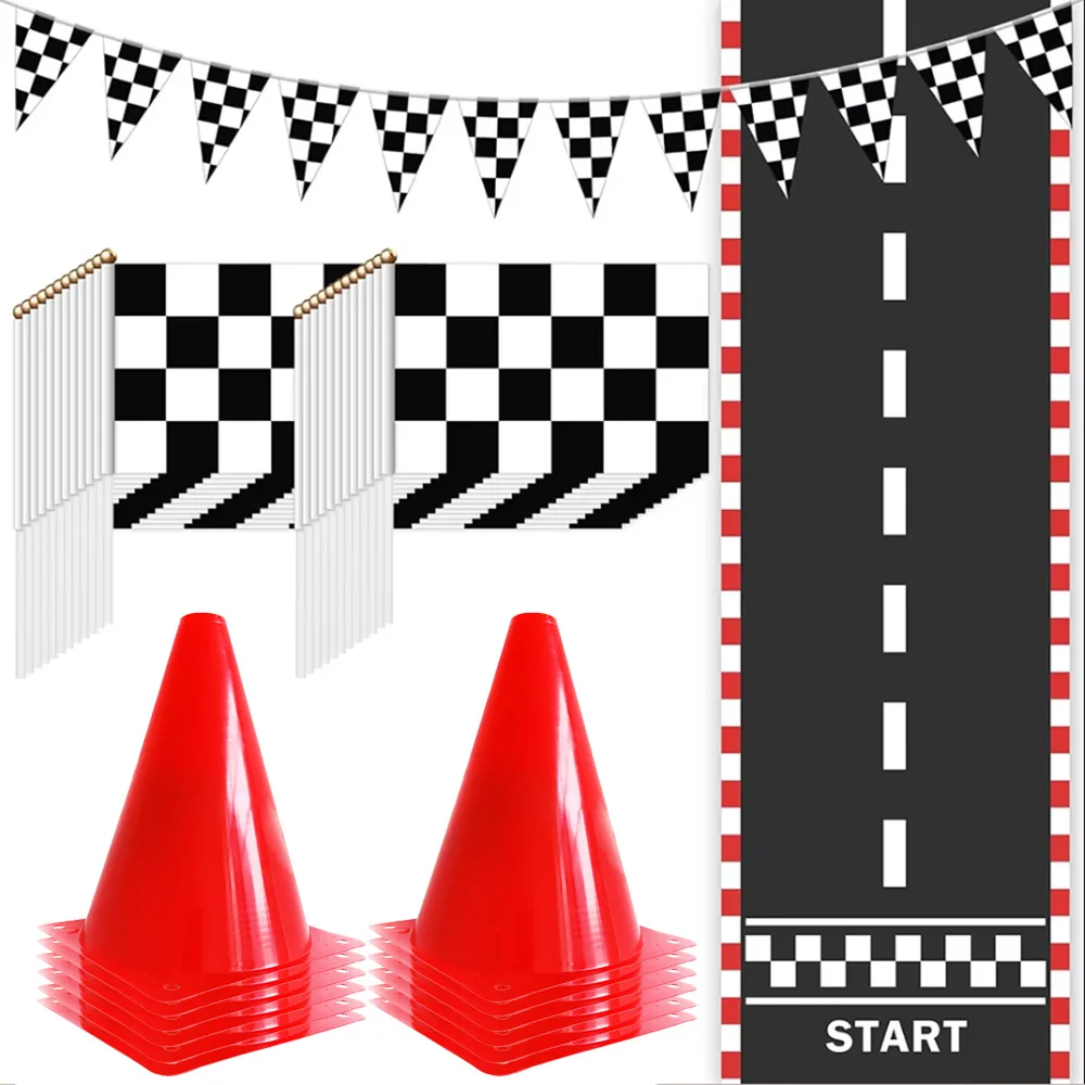 Fournitures de fête de voiture de course, drapeaux à carreaux, Mini cônes de circulation, tapis de piste de course, nappe, drapeau suspendu, décorations d'anniversaire de voiture de course