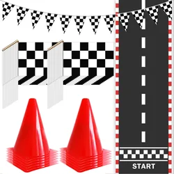 Race Car Party Supplies Checkered Flags Mini Traffic Cones Racetrack Mat Tablecloth Hanging Flag Race Car Birthday Decorations