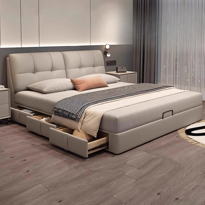 Cama doble barata de lujo, colchón de almacenamiento de madera, Cama doble de lujo, Camas altas baratas, conjunto de muebles de dormitorio matrimoniales
