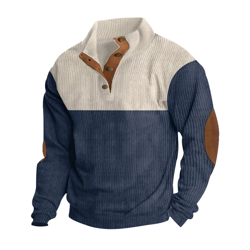 Men's Corduroy Patchwork Sweatirt Outdoor Casual Loose irt Stand Collar Button up Spring Autumn Youth Faion Long Sve
