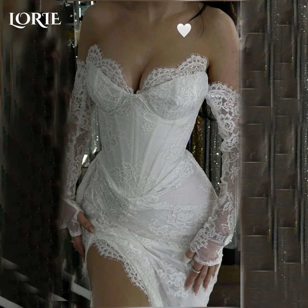 LORIE Vintage Lace Wedding Dresses Sweethear Applique Off Shoulder Mermaid Bridal Gowns High Slit Pleats Bride Gown customized