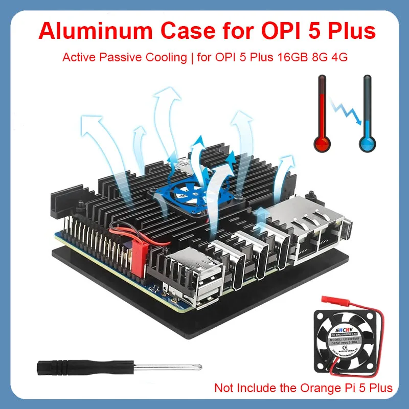 

Orange Pi 5 Plus Aluminum Alloy Case with Fan Heat Sink Screwdriver Active & Passive Cooling Shell for OPI 5 Plus 16GB 8G 4G