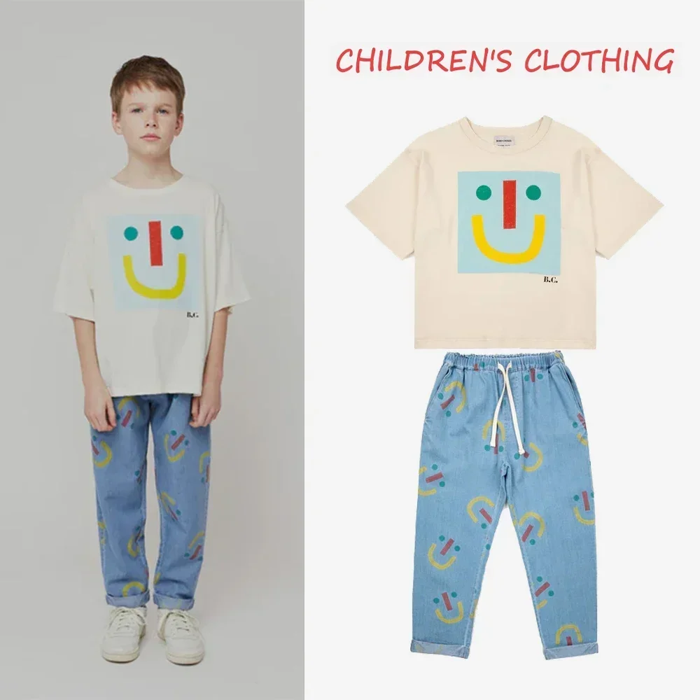 

Summer/Autumn Children's Leisure Cute Happy Smiling Face T-shirt Jeans Sweater Handsome Childrens Set Clothing Suit