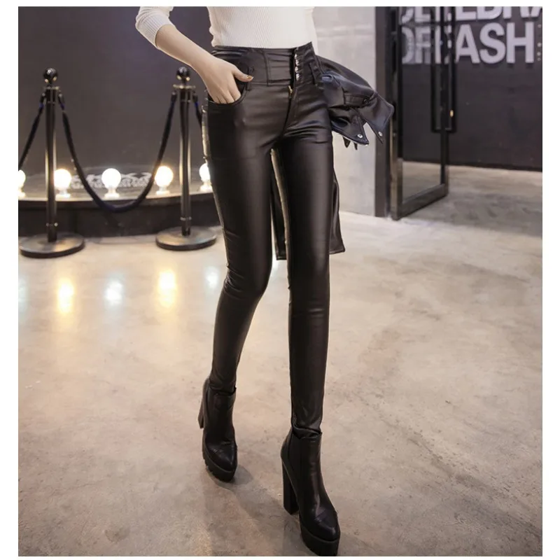 Herbst Winter Neue Hohe Taille Stretch Leder Frauen Leggings Dicke Feste Faux PU Leder Hosen Sexy Schlanke Frauen Hosen