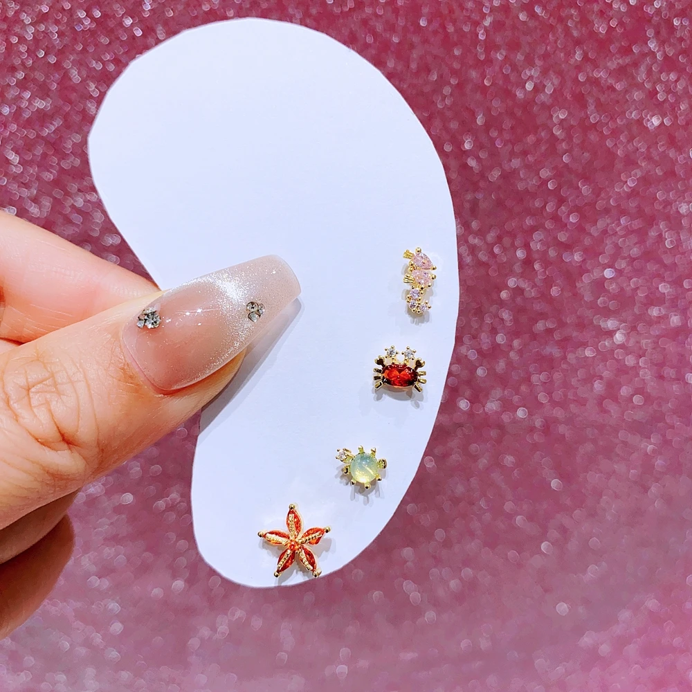 MIGGA 4pcs Cute Small Sea Animal Stud Earrings Set for Women Girls Gold Color Cubic Zircon Jewelry